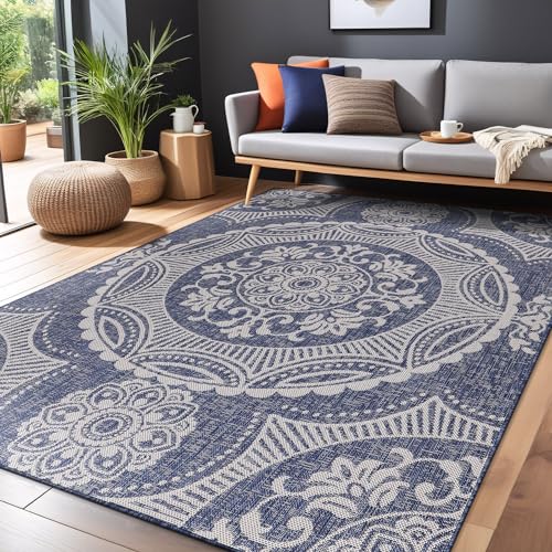 Medallion Outdoor Rug 10x14 Washable Outside Carpet for Indoor Patio Porch Waterproof Easy Cleaning Non Shedding Area Rugs Blue 10 x 14
