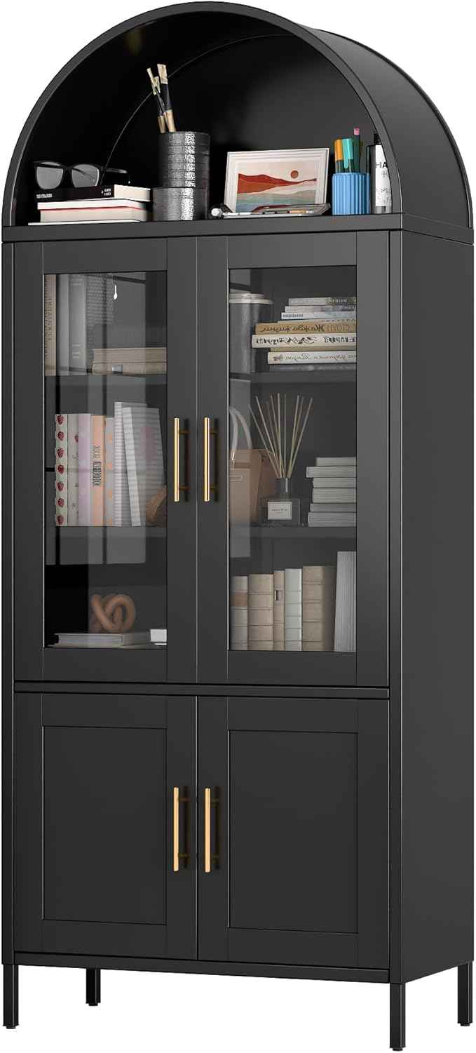 Metal Arched Bookcase Cabinet with 4 Doors,Arched Kitchen Pantry Cabinet for Home Office Living Room,Required Assembly,Black