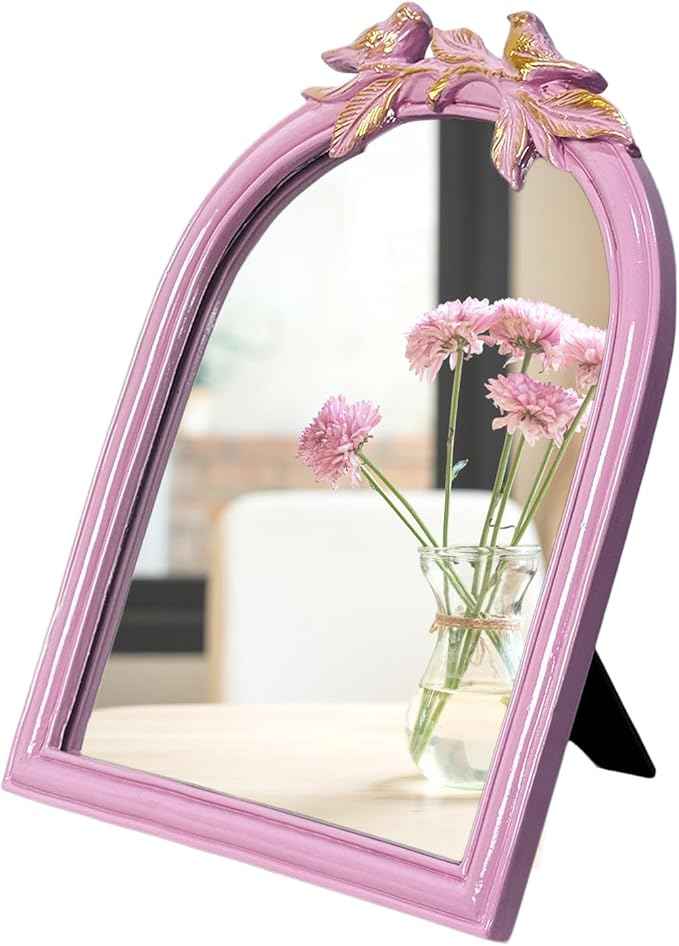 Pink Bird Bow Mirror - 13x10 Inch Perfect Elegant Decorative Accent, Wall-Mounted Tabletop Makeup Mirror for Nursery Baby Room Bedroom Decor