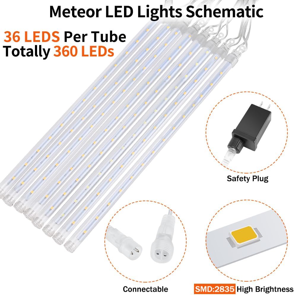 4 Pack Meteor Shower Rain Lights - 20in, 40 Tube, 1440 LEDs Icicle Lights for Xmas, Halloween, Wedding, Party, Tree, Holiday Decoration, Warm White
