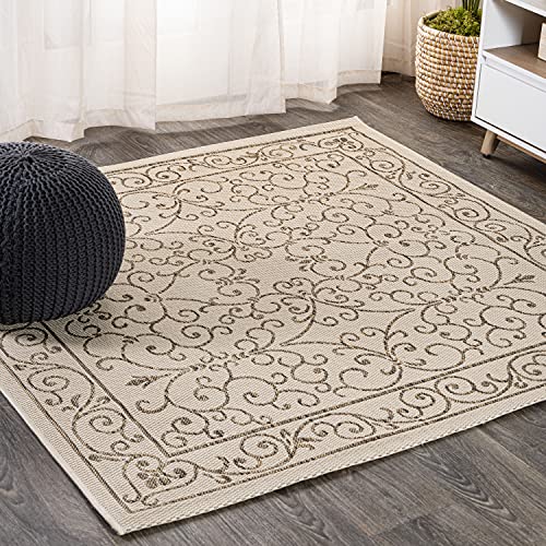 Vintage Filigree Indoor Outdoor Square Area Rug 8X8 Beige