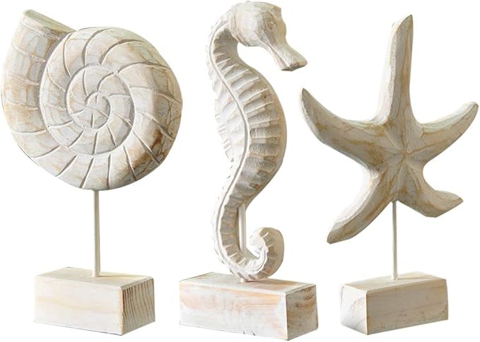 3pcs Wood Handmade Beach Nautical Style Figurines Starfish/Conch/Seahorse Statue Home Decor Beach Decor Coastal Decor