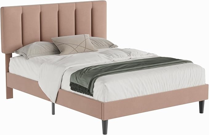 VECELO Full Bed Frame with Upholstered Headboard, Heavy-Duty Platform Bedframe with Strong Wooden Slats Support, No Boxing Spring Needed, Coffee