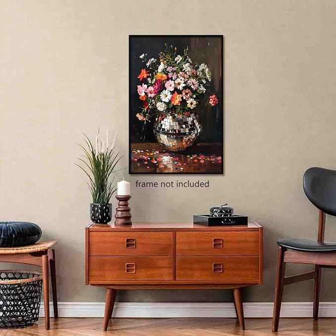 Colorful Moody Florals Disco Ball Canvas Wall Art, Maximalist Funky Wildflowers Bouquet Disco Ball Poster, Retro Cottagecore Flower Prints Paiting, Vintage Eclectic Wall Decor 24x36in Unframed