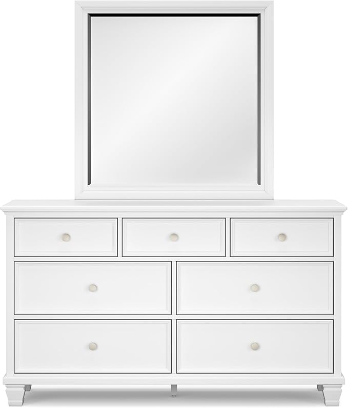 Signature Design by Ashley Fortman Casual Dresser and Mirror, Tapered Feet, 7 Storage Drawers, Round Satin Nickel Metal Knobs, Wood, 74.13" High, White