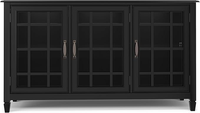 SIMPLIHOME Connaught Storage Cabinet - 60 inch Wide Solid Wood Buffet in Black, Traditional Sideboard for Dining Room, Entryway, or Living Room with Glass Doors, Adjustable Shelves, and Notched Legs