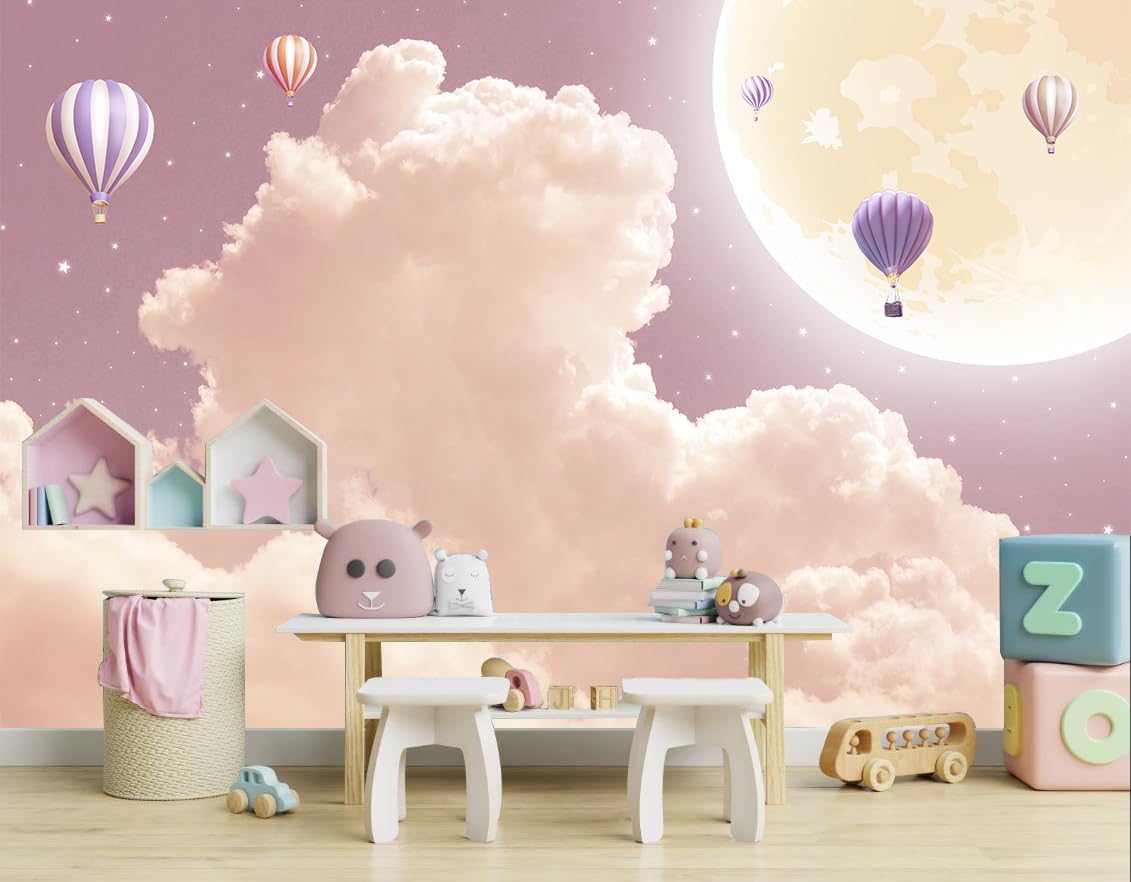 Pink and Purple Clouds Wallpaper Hand-Painted Hot Air Balloons Moon Wall Mural for Children's Room Girls Room (Not Peel and Stick)
