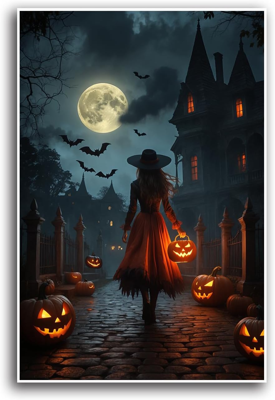 JFHCQJPK Halloween theme poster moonlit autumn night witch vintage poster art print dark college style gothic painting canvas wall decoration bedroom living room ideal gift24x36in Frameless