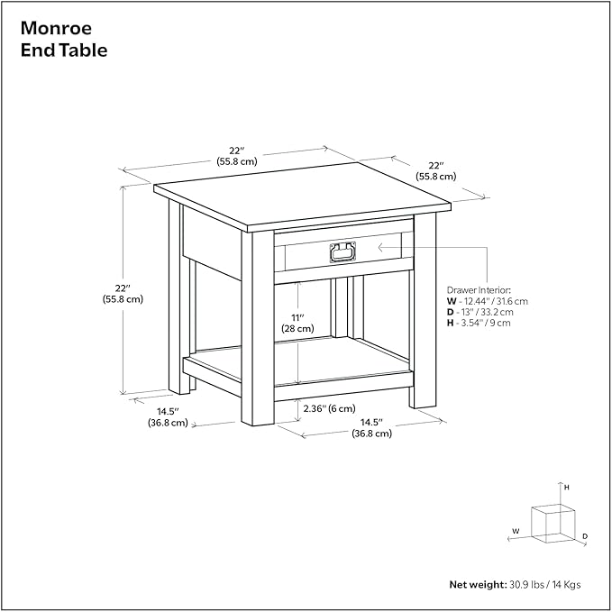 SIMPLIHOME Monroe End Table - 22 inch Wide Solid Acacia Wood Side Table in Distressed Charcoal Brown, Rustic Accent Table for Living Room or Bedroom with Drawer and Shelf