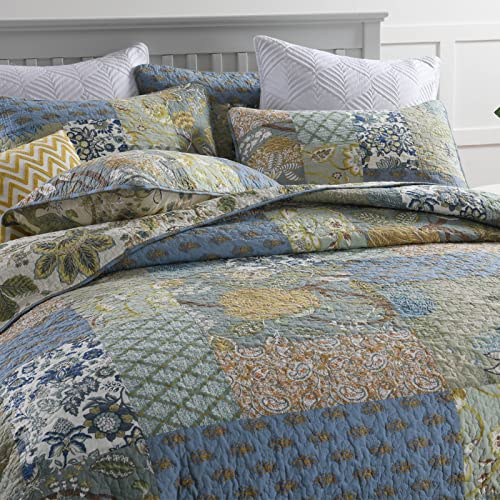 Quilt Set King Bedspread Reversible Green Farmhouse Garden Coverlet Real Patchwork Quilt Set for All Seasons with Pillowcases