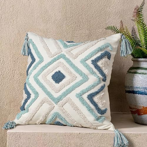 Boho Pillow Covers 18X18 Inch Boho Tufted Throw Pillow Covers Decorative Tassels Cushion Cover Farmhouse Pillow Case for Couch Sofa Bed Living Room Bedroom
