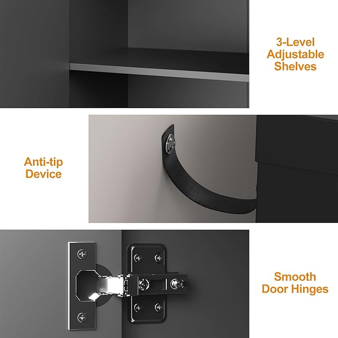 RoyalCraft Sideboard Buffet Cabinet, 56" Modern Credenza with 4 Doors and Adjustable Shelves, Wood Accent Cabinet Console Media for Entryway, Living Room, Kitchen, Satin Black
