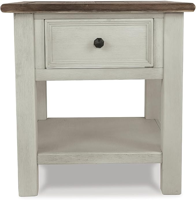 Signature Design by Ashley Bolanburg Farmhouse Rectangular End Table, Plank Style Top, Drawer, Wood, 24" W x 27" D x 25" H, 2-tone Finish, Antique Cream