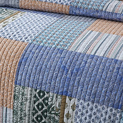Cotton Bedspread Quilt Sets 3 Pieces Reversible Coverlet Sets Comforters Blue Bohemian Paisley Patchwork Bedspread (3 Count)