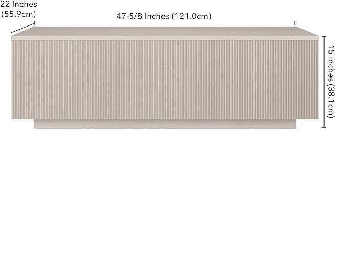 Henn&Hart 48" Fluted Rectangular Low-Profile Coffee Table with Ribbed Base for Living Room, Family Room, or Office, Beech White