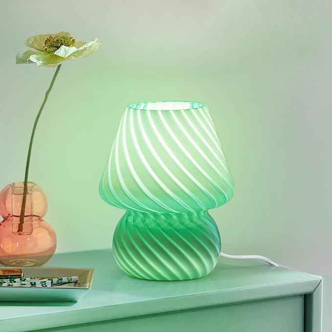 ONEWISH Mushroom Lamp - Small Table Lamp with Striped Glass, Nightstand Lamp for Bedroom, Living Room, Cafe, Office, Bulb Included, for Girls Women Birthday Christmas Thanksgiving, Sage Green