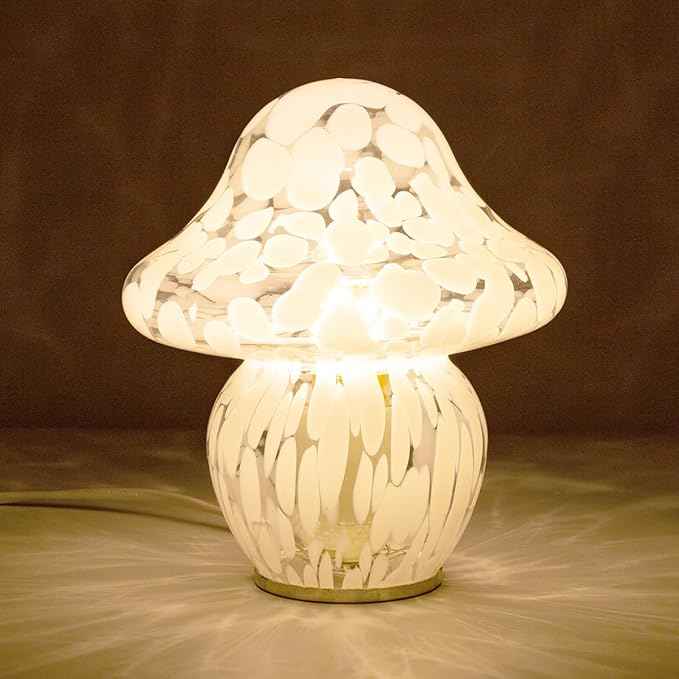 Mushroom Lamp Glass Mushroom Table Lamp for Bedrooms, Living Room, Aesthetic Lamps for Bedroom, Cute Bedside Lamp（White Dot）