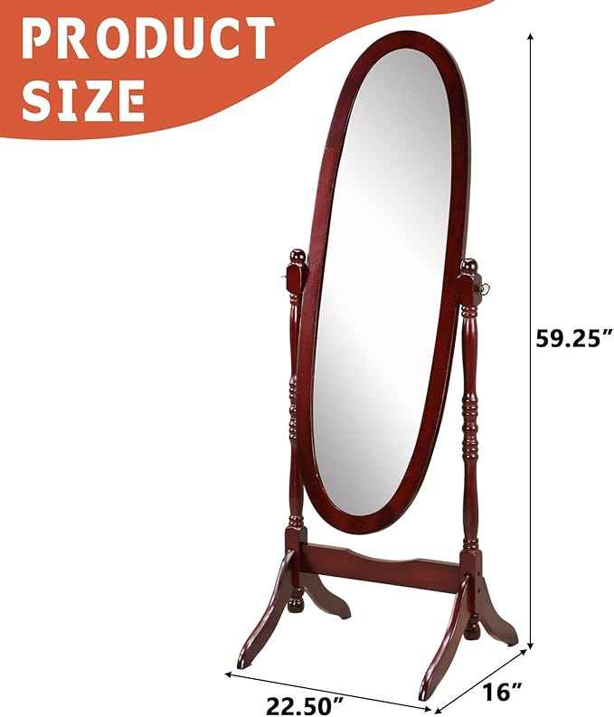 Full Length Mirror with Stand, Swivel Adjustable Oval Wood Cheval Floor Mirror, Dressing Cheval Mirror for Bedroom Livingroom, Interior Gift Idea (Cherry)