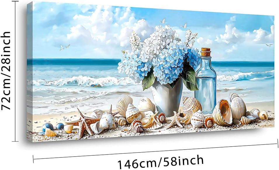 LASMOND Romantic Beach Wall Art for Living Room Blue Shells Conch Vase Canvas Prints Modern Large Flower Bottle Bedroom Ocean Artwork Decor (58x28 Inches)