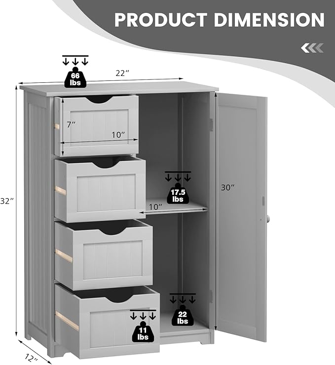COSTWAY Bathroom Storage Cabinet, Wooden Freestanding Storage Cupboard Organizer with 4 Drawers & Adjustable Shelf, Modern Floor Cabinet for Living Room, Bathroom, Kitchen, Entryway (Grey)