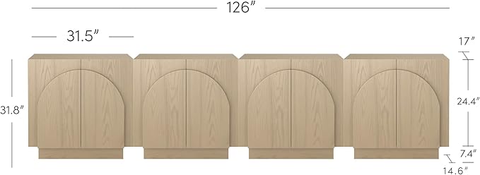 Nathan James Iris Mid-Century Modern Credenza, Light Brown TV Stand, Living Room Wood Storage Cabinet with Arched Cabinet Doors, White Oak, Set of 4