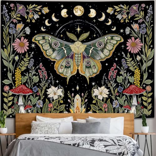 Boho Vintage Moth Luna Botanical Floral Tapestry 48 x 36 Inch
