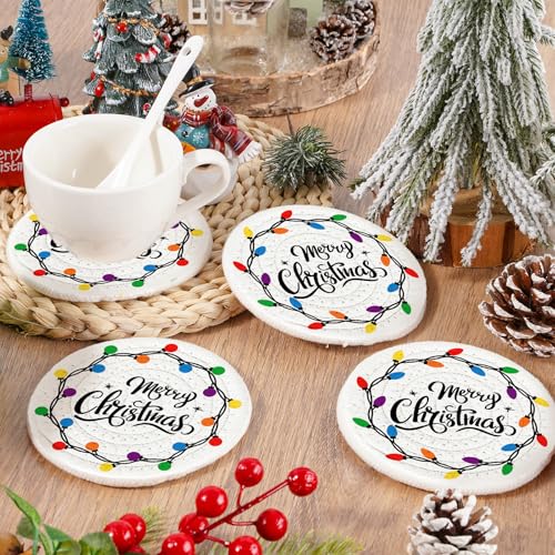 Merry Christmas Cotton Coasters Colorful Light Bulb Handmade Braided Drink Coasters Absorbent Cup Mats for Xmas Holiday Party Home Table Decor (4 Count)