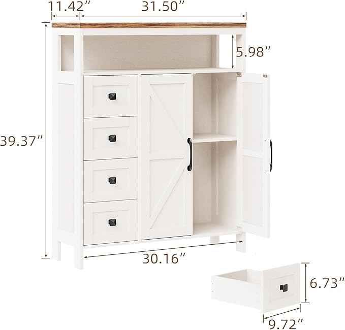 Vabches Farmhouse Storage Cabinet with 2 Doors and 4 Drawers, Freestanding Bathroom Storage Cabinets, Kitchen Pantry Cabinet, Floor Hutch Cupboard for Kitchen/Living Room/Bathroom(Unique White).