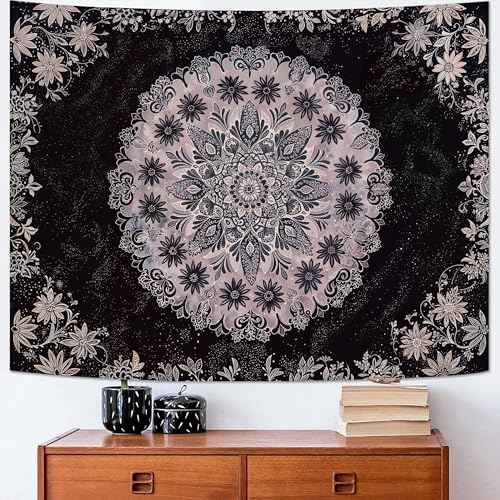 Boho Floral Mandala Tapestry Wall Hanging Grey Bohemian Flower Medallion Tapestry Aesthetic Gray Black Hippie Indian Small Tapestries for Bedroom Living Room Dorm Decor 48 x 36 Inch