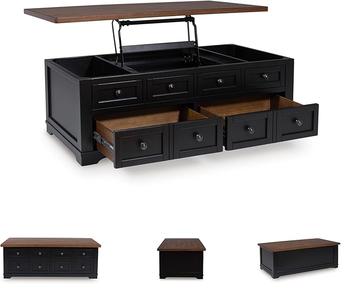 Signature Design by Ashley Wildenauer Lift Top Cocktail Table, Satin Finish Base, 2 Drawers, 2 Storage Bins, Hardwood Solids, 52" W x 28" D x 19" H, Light Brown & Black