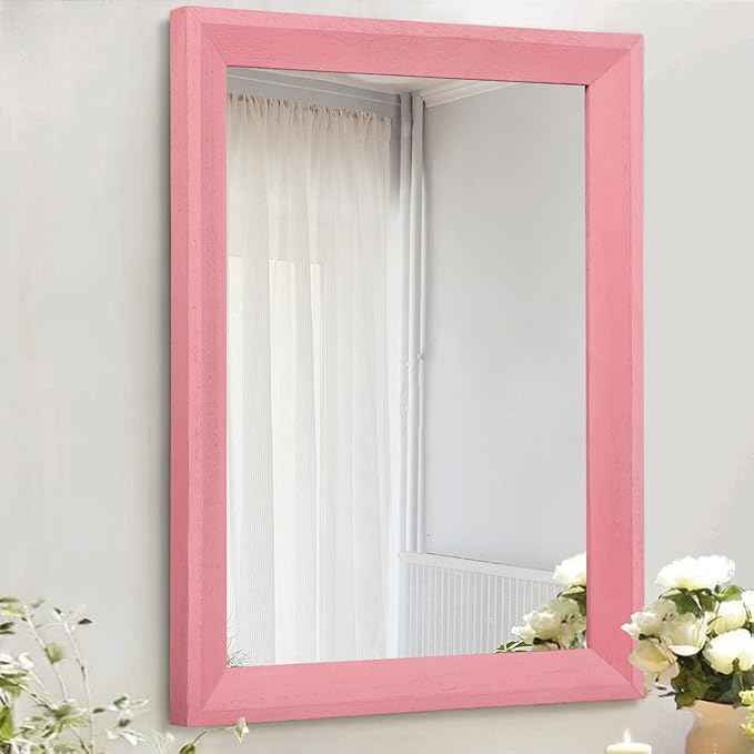 AAZZKANG Rectangle Mirror with Wood Frame Modern Farmhouse Wall Mirrors Decor for Bedroom Bathroom Living Room Small Pink