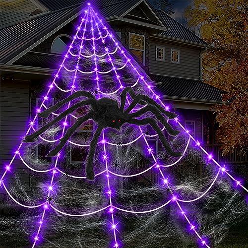 Spider Web Lights Halloween Decorations Outdoor (Black Spider, White Webs, Purple LED)