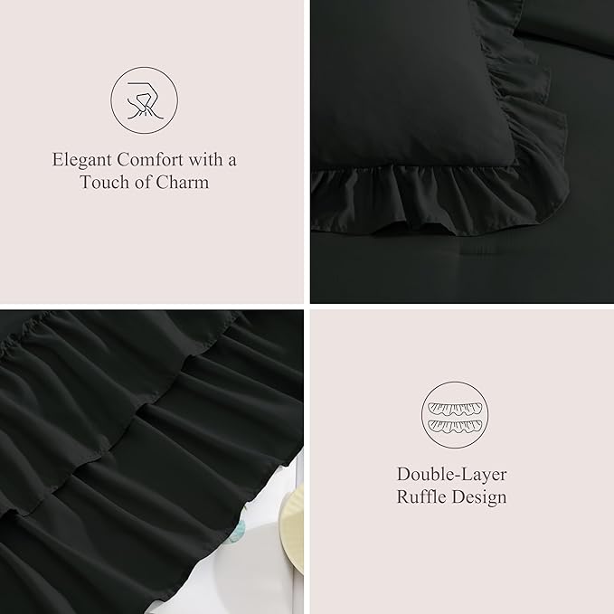 Full Comforter Set Black, Ruffle Shabby Chic Bedding Set Farmhouse 7 Pieces, All Season Fluffy Bed in a Bag with Sheets, Pillowcases & Shams
