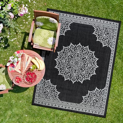 Outdoor Rug 8x10 Medallion Black White Modern Area Rugs for Indoor and Outdoor Patios