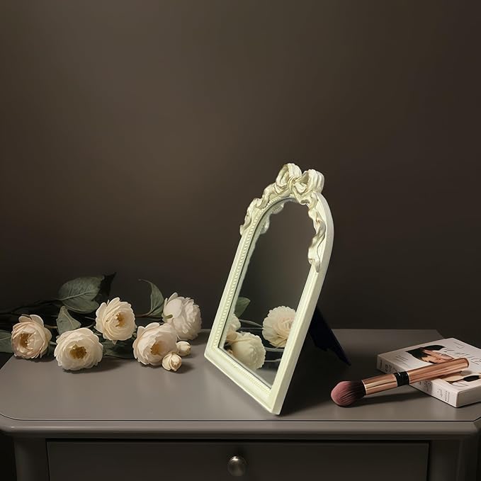 Cream Bow Mirror - 13x10 Inch Perfect Elegant Decorative Accent, Wall-Mounted Tabletop Makeup Mirror for Nursery Baby Room Bedroom Decor