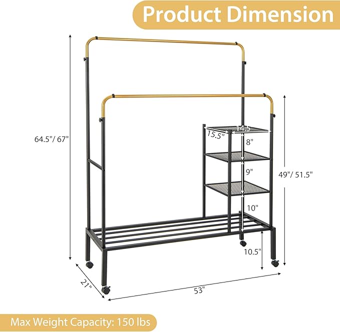 Tangkula Rolling Double Rods Garment Rack, Clothes Drying Rack with Height Adjustable Hanging Bars, Storage Shelves & Lockable Wheels, Heavy-duty Steel Clothing Rack for Indoor & Outdoor Use (Gold)