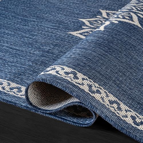Outdoor Rug 10x14 Medallion Blue Modern Large Area Rugs for Indoor and Outdoor Patios Kitchen and Hallway Mats Washable Porch Deck Outside Carpet (140 Sq Ft)