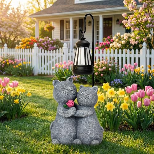 Outdoor Cat Garden Statues with Solar Lantern