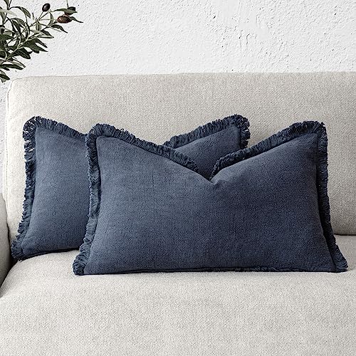 Boho Linen Fringe Lumbar Throw Pillow Covers 12×20 Navy Blue (2 Count)