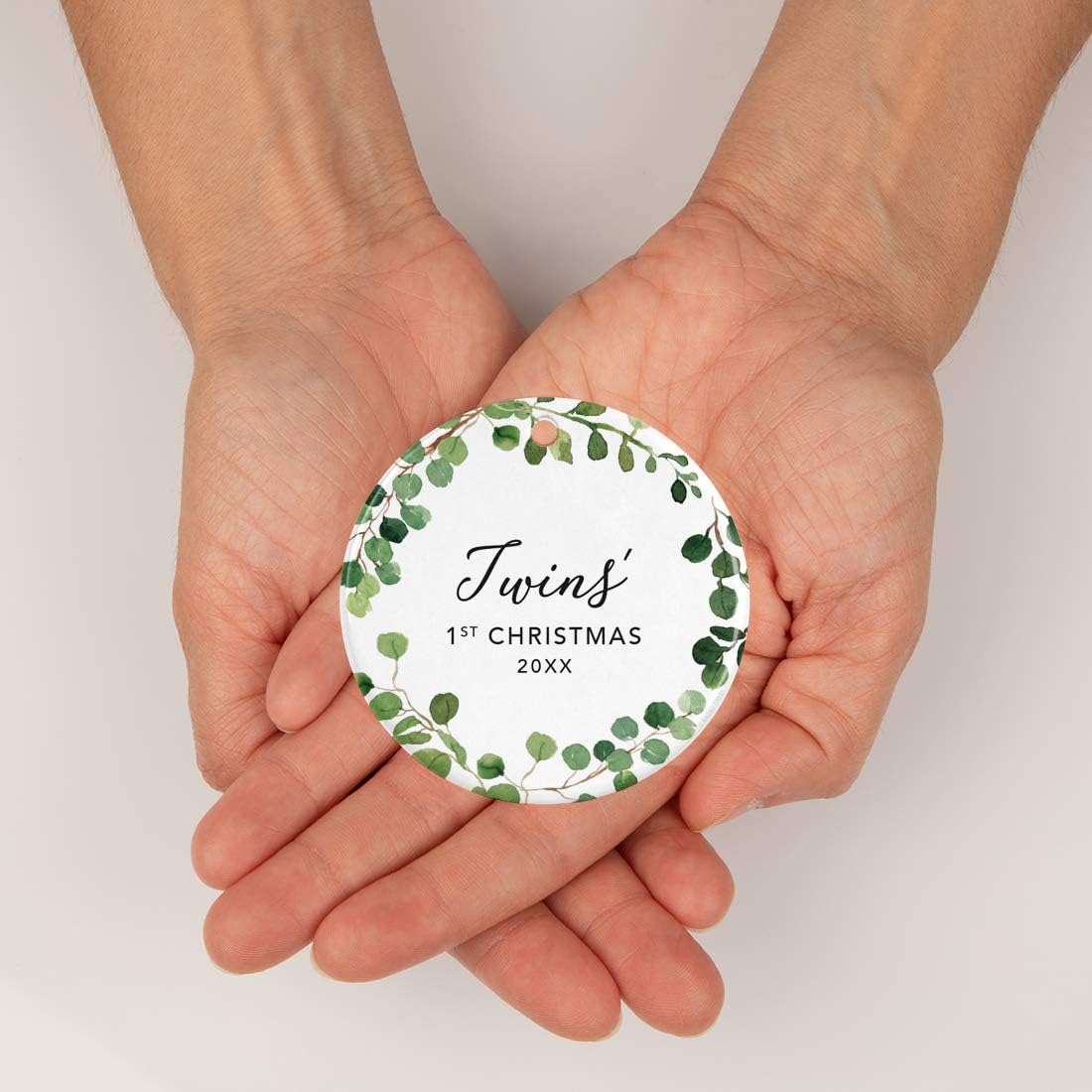 Andaz Press Custom Year Round Ceramic Porcelain Christmas Tree Ornament Keepsake Collectible Gift, Twins' 1st Christmas 2024, Farmhouse Eucalyptus Wreath, 1-PackTwin