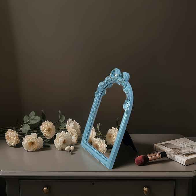 Blue Bow Mirror - 13x10 Inch Perfect Elegant Decorative Accent, Wall-Mounted Tabletop Makeup Mirror for Nursery Baby Room Bedroom Decor
