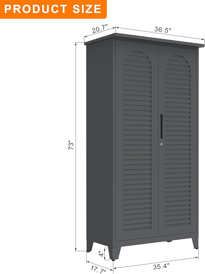 Shutter Metal Storage Cabinet,Waterproof 73'' Tall Freestanding Tool Chest w/ 3 Adjustable Shelves,Locking Doors,2 Hanging Rod,Utility Garage Storage Tool Cabinet for Garage,Home,Office,Outdoor,Black