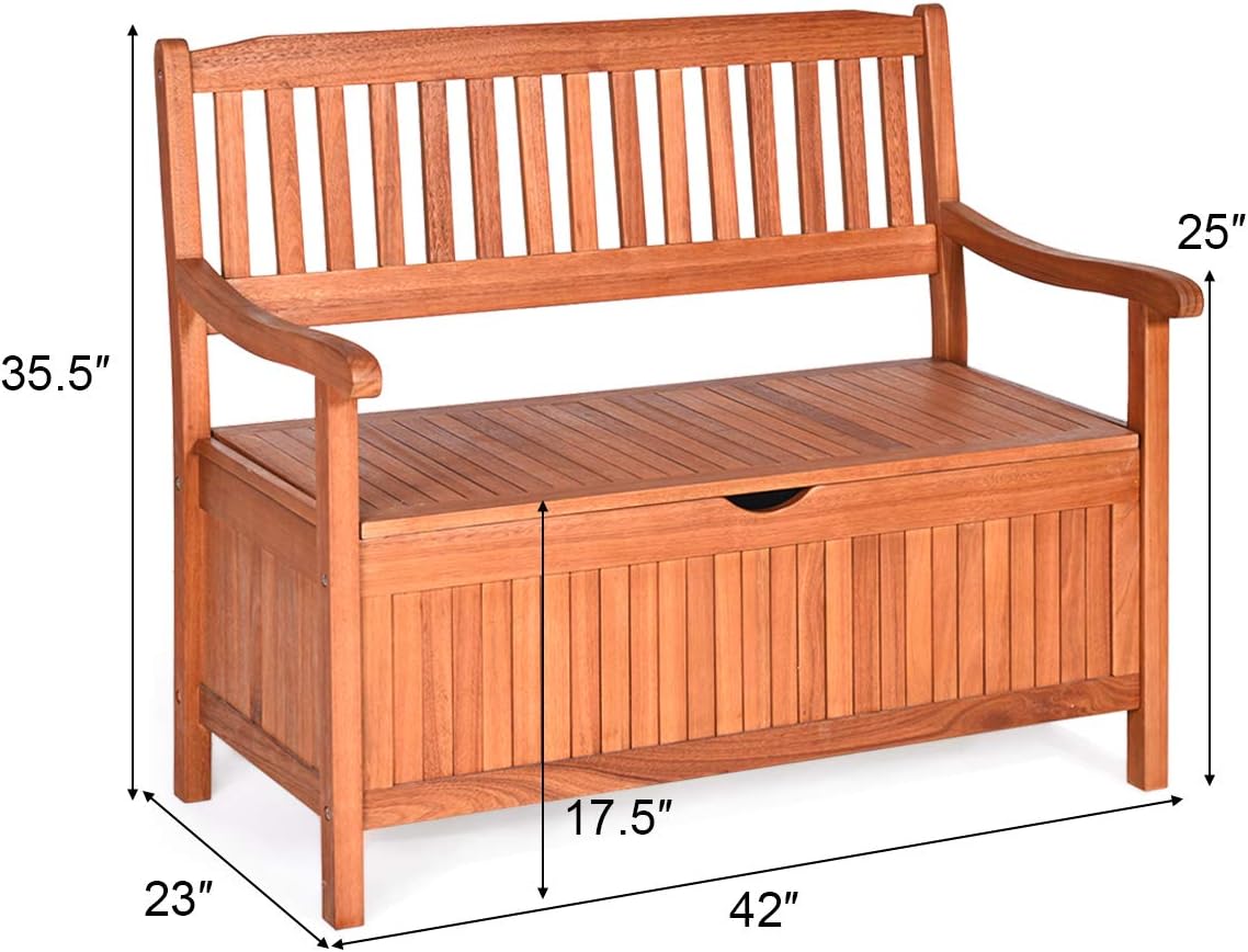 Tangkula Outdoor Wood Storage Bench Deck Box, Entryway Porch Storage Bench with Inner Removable Dust-Proof Lining & Portable Handles, Eucalyptus Wood Loveseat for Garden, Lawn, Balcony & Yard