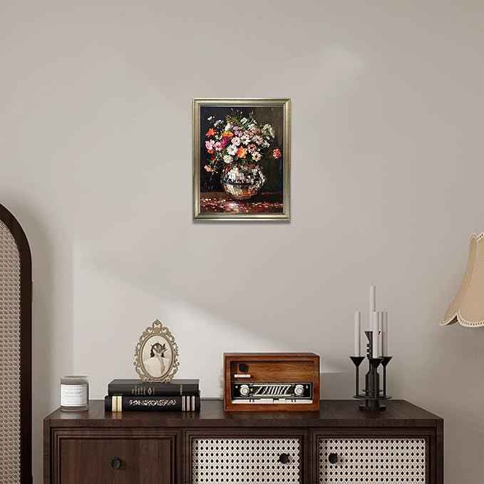Disco Ball Wall Decor, Retro Eclectic Wall Art, Vintage Framed Colorful Moody Florals Painting, Maximalist Funky Flowers Bouquet Print Artwork