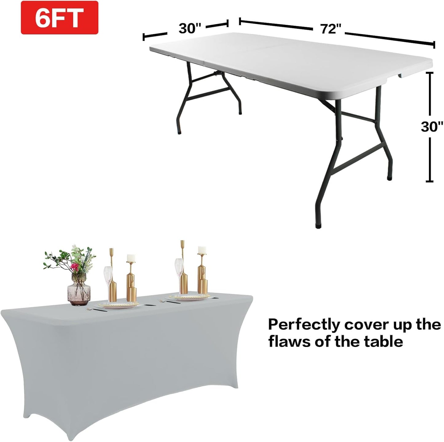 IVAPUPU 6FT Table Cloth for Rectangular Fitted Events Stretch Grey Table Covers Washable Cover Spandex Tablecloth Protector for Party, Wedding, Cocktail, Banquet, Festival