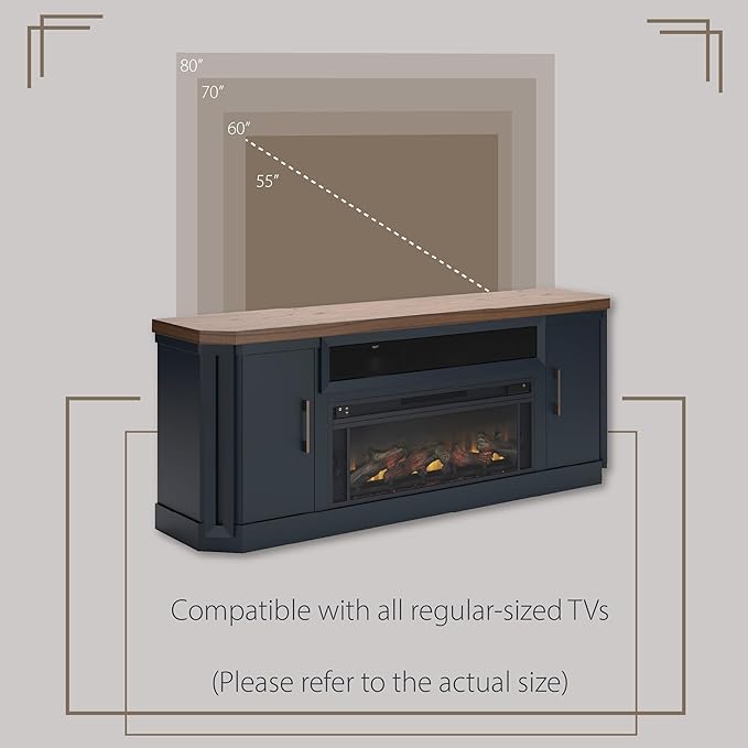 Signature Design by Ashley Landocken Contemporary 83" TV Stand with Electric Fireplace for TVs up to 95", Blue & Light Brown