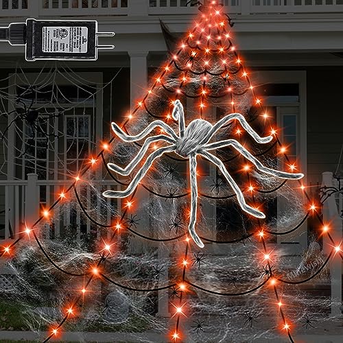 Spider Web Lights Halloween Decorations Outdoor (White Spider, Black Web, Orange LED)