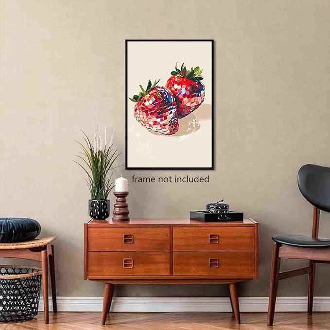 Funky Red Strawberry Disco Wall Art,Trendy Disco Ball Poster For Girls Room, Coquette Strawberries Picture Print, Art Fruit Poster For Home Bedroom Dorm wall Decor 16x24in Unframed