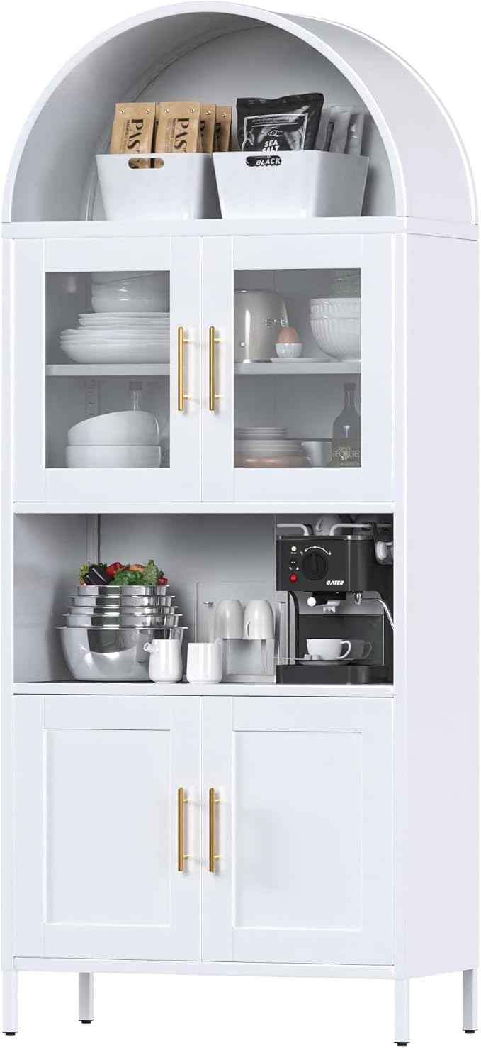 Metal Arched Pantry Cabinet with Glass Doors, Tall Arched Kitchen Pantry Cabinet for Kitchen Home Living Room,White,Required Assembly