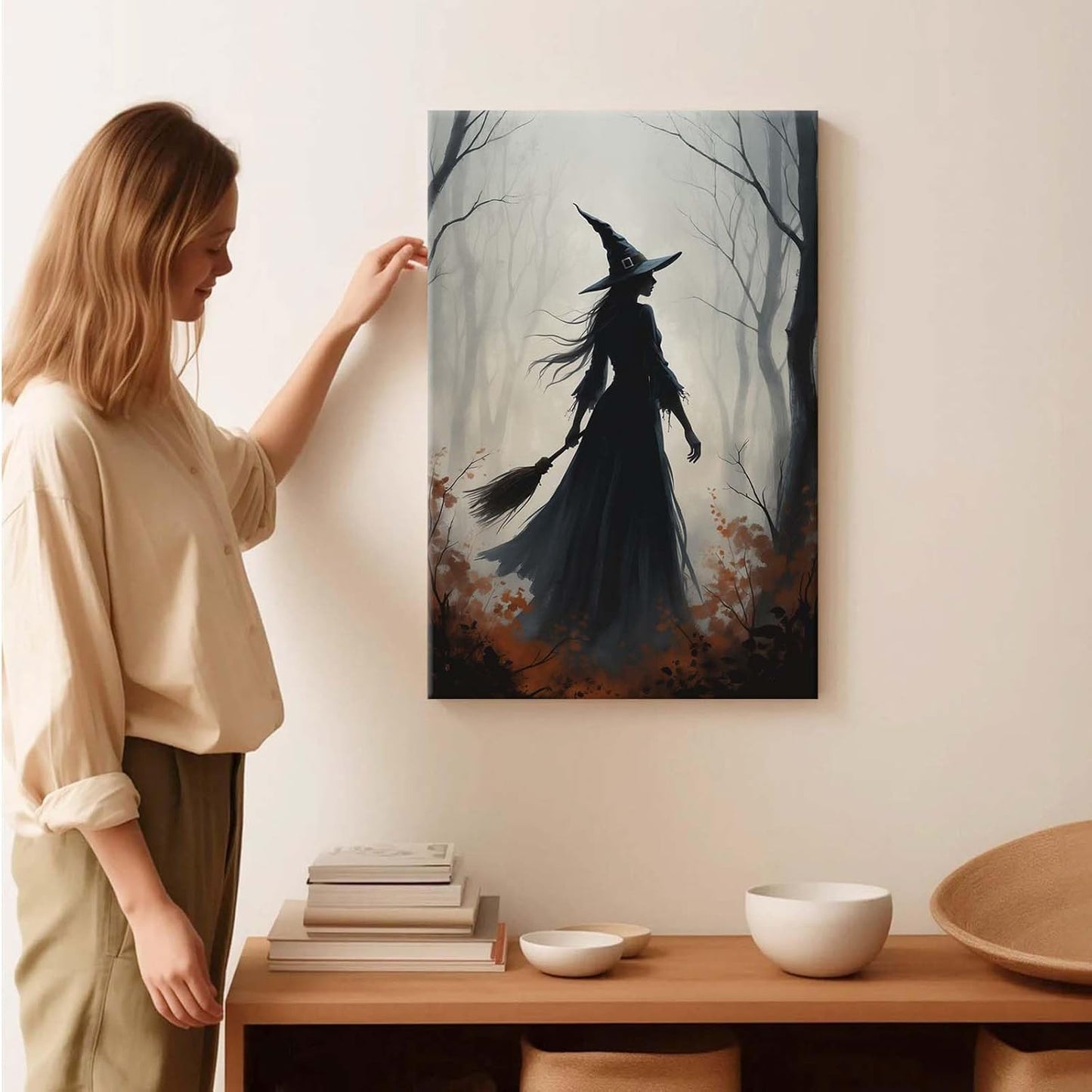 JFHCQJPK Vintage forest witch silhouette poster Halloween mural poster decoration mural art magic suitable for home living room bedroom16x24in Frameless